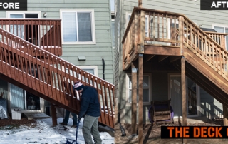 side by side before and after comparison of damaged deck stairs